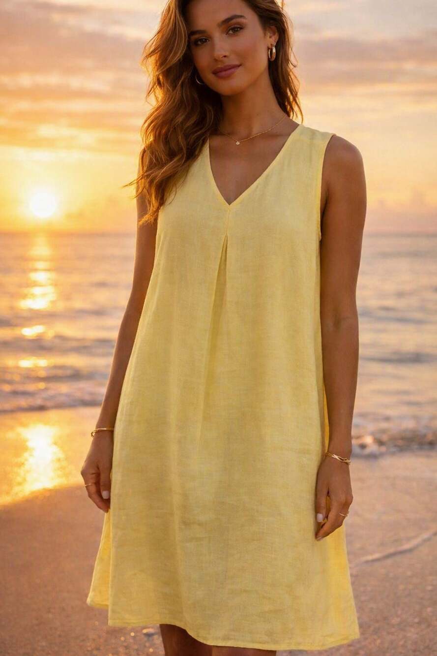 J.Jill Love Linen Yellow Sleeveless V-Neck Shift Dress Size Large Tall